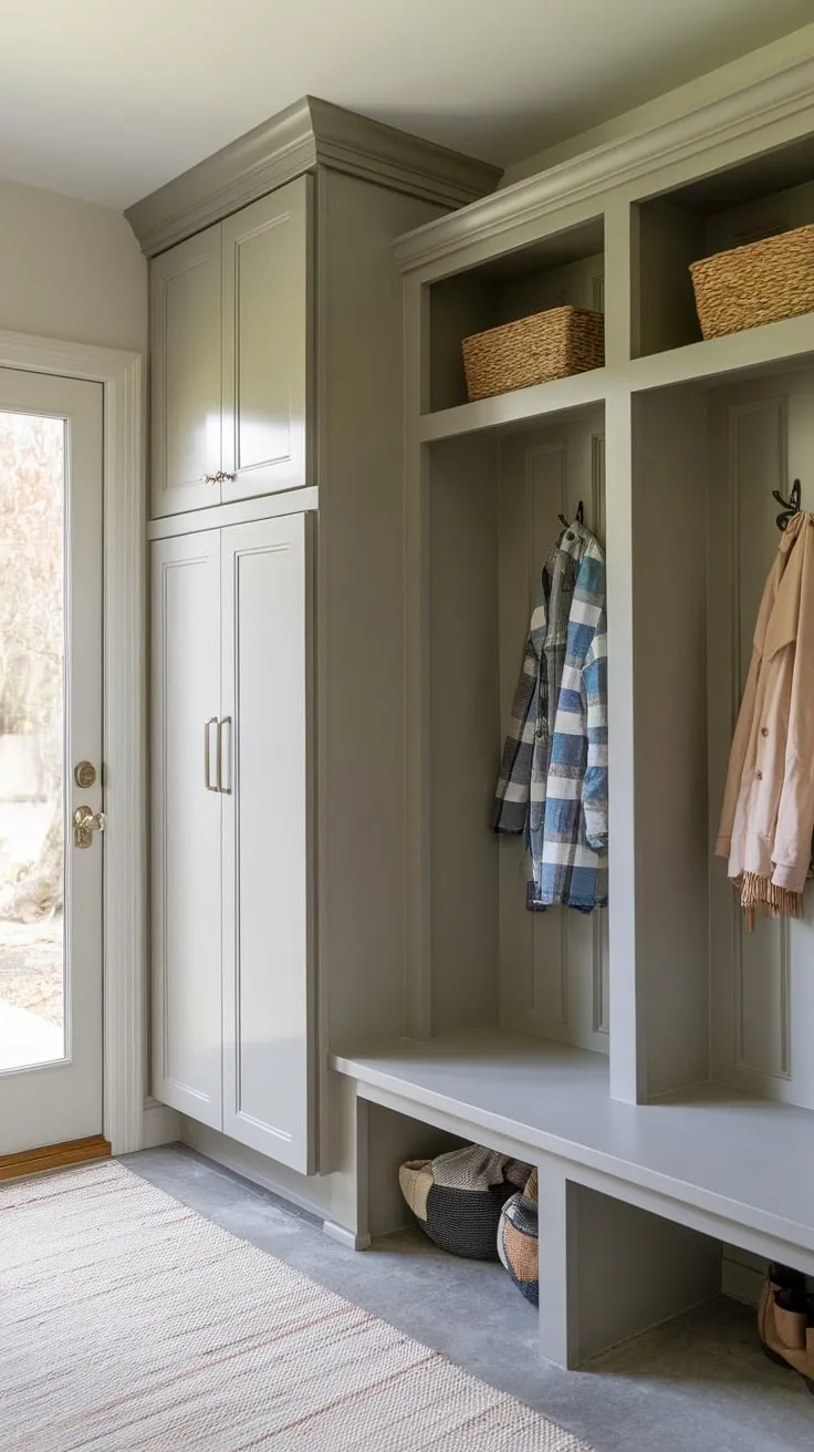 Mudroom cabinets with doors offer stylish storage alongside open shelving for versatile functionality.