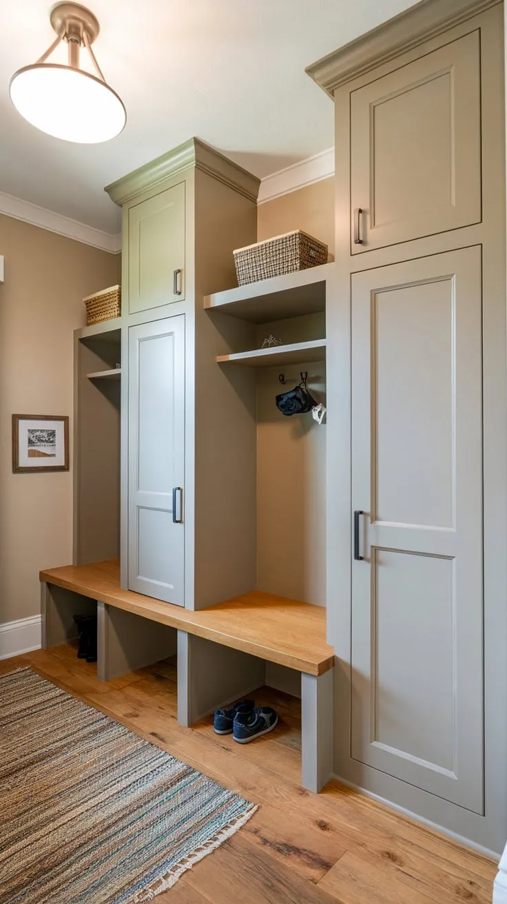 Organize entryway clutter with stylish mudroom cabinets featuring doors and shelves, enhancing both functionality and aesthetic appeal