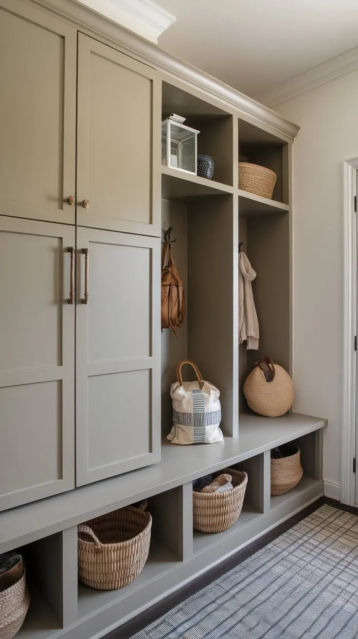 Practical mudroom cabinets featuring doors maximize storage space, keeping belongings tidy and readily accessible.