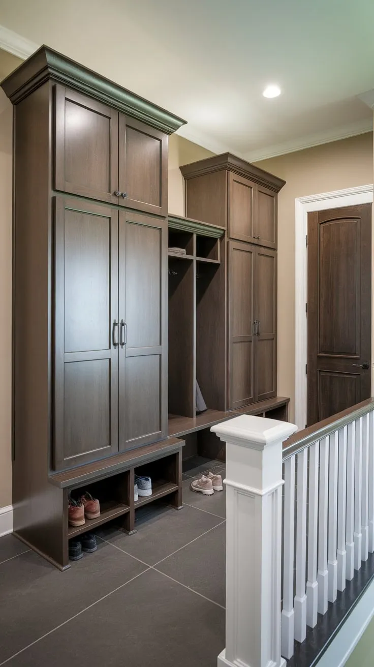 A stylish mudroom features dark-finished cabinets and a closet, all with doors, providing efficient storage against a backdrop of beige walls and dark flooring.
