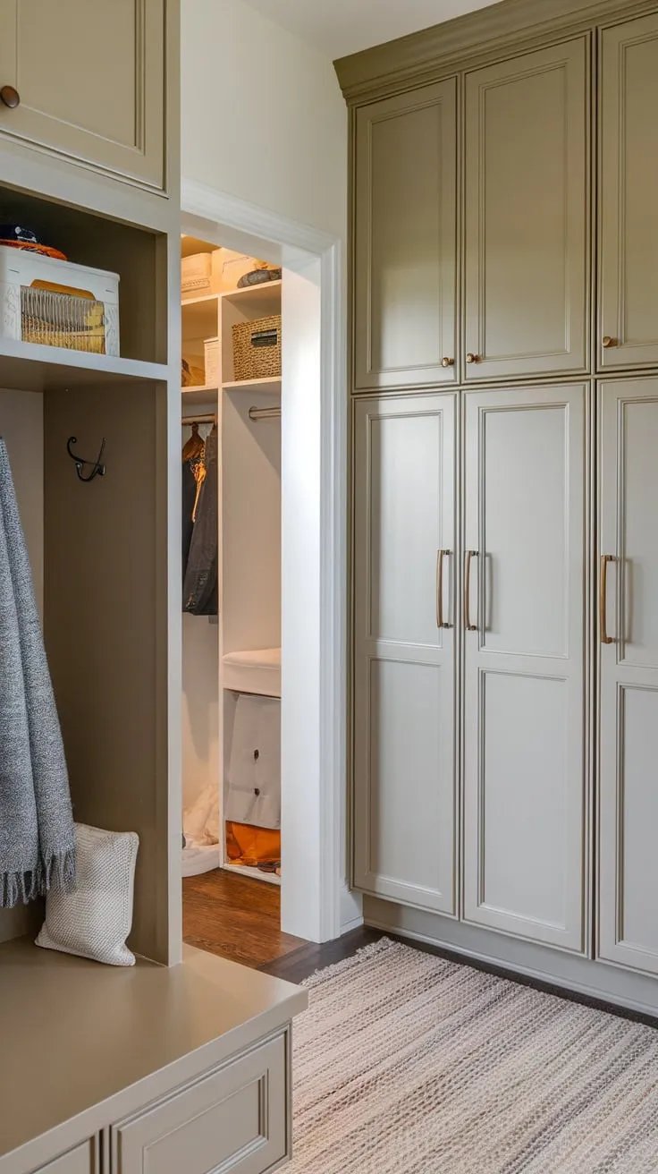 Mudroom cabinets with doors offer stylish storage solutions, keeping belongings neatly tucked away.