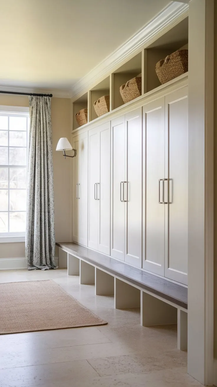 Bright white mudroom cabinets with doors offer clean storage in a sunlit space