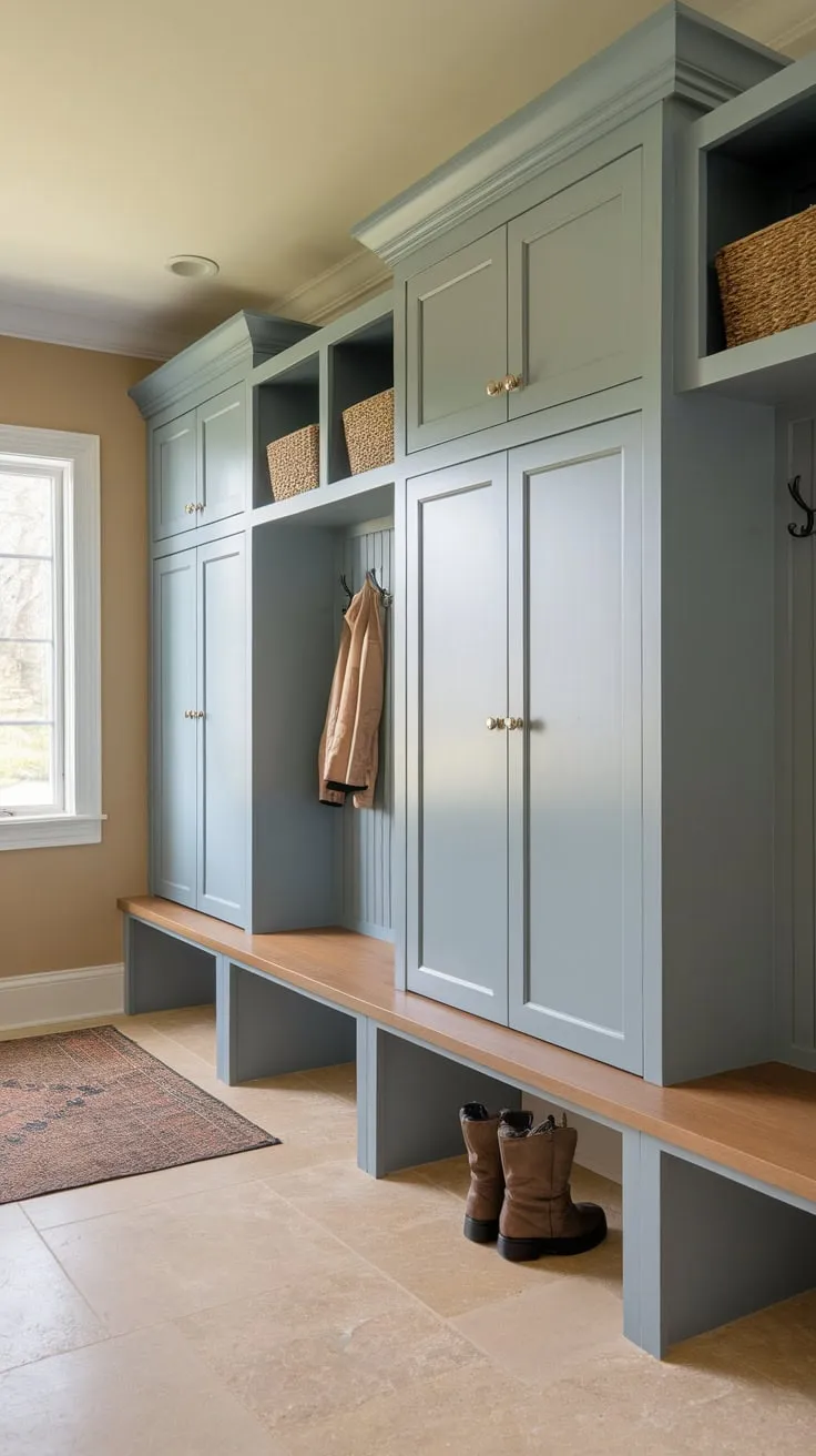 Light blue mudroom cabinets with doors add charming storage to a beige-toned space, complemented by wall hooks and a cozy rug.