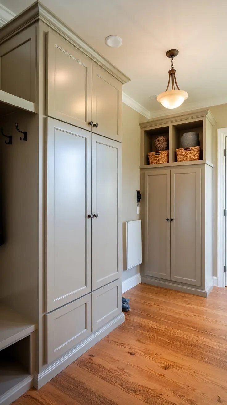 Organized mudroom boasts floor-to-ceiling and lower cabinets with doors for efficient storage and a stylish wood-plank floor