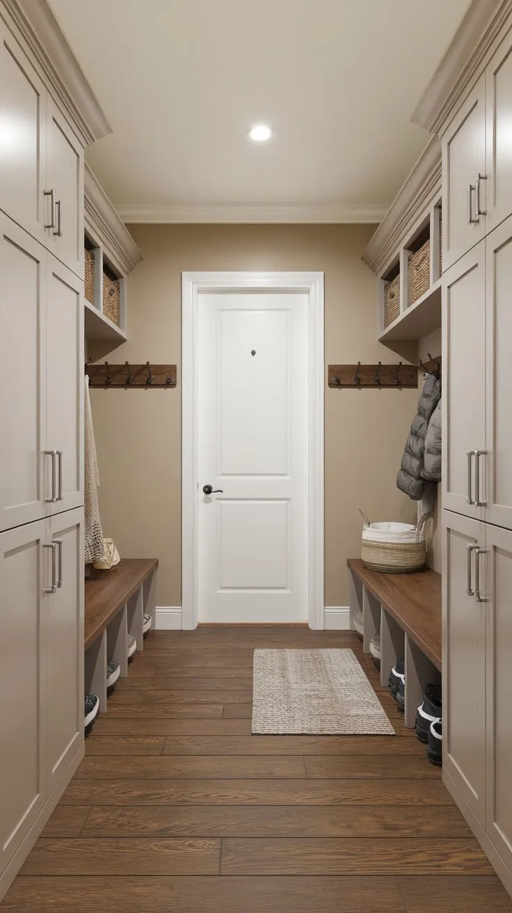 White-doored cabinets and a closet create a perfectly organized and stylish mudroom, maximizing space and functionality.