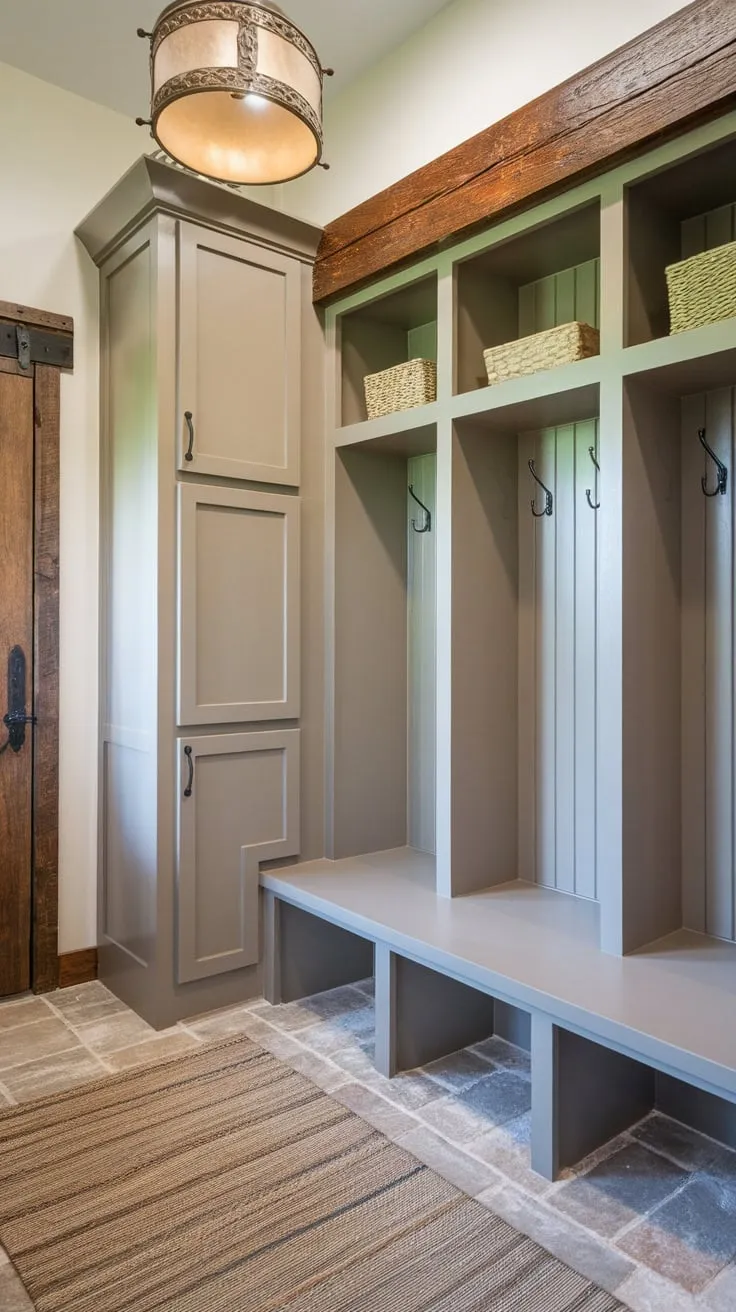 A charming mudroom boasts double cabinets with doors and shelves, complemented by wall hooks and rustic wooden beams.