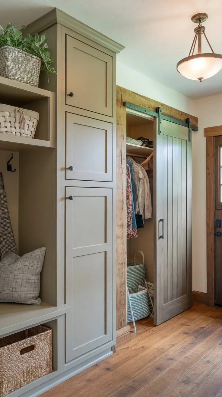 Rustic charm meets practical storage in a mudroom featuring charming cabinets with doors and a closet, perfectly organizing everyday essentials.