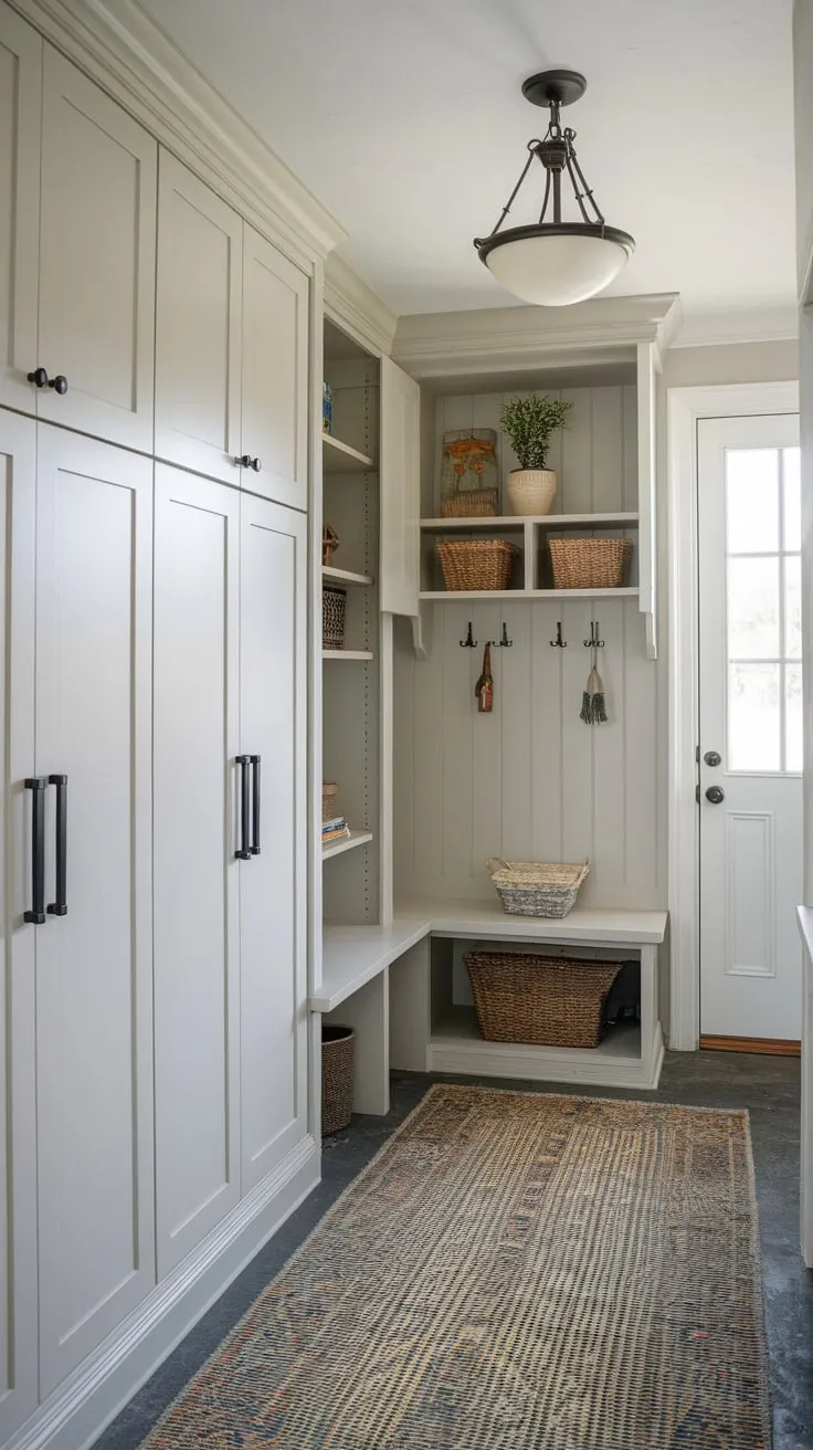 Organized chaos ends with stylish white mudroom cabinets and doors providing ample storage and a welcoming entryway