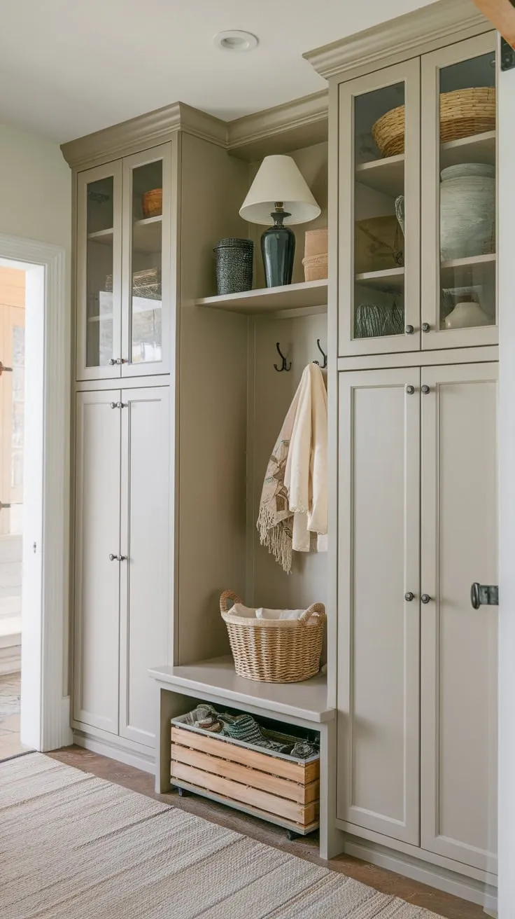 Well-lit mudroom boasts stylish upper cabinets with glass doors showcasing decorative items and a lower cabinet for storage, all complemented by wall hooks and a cozy rug.