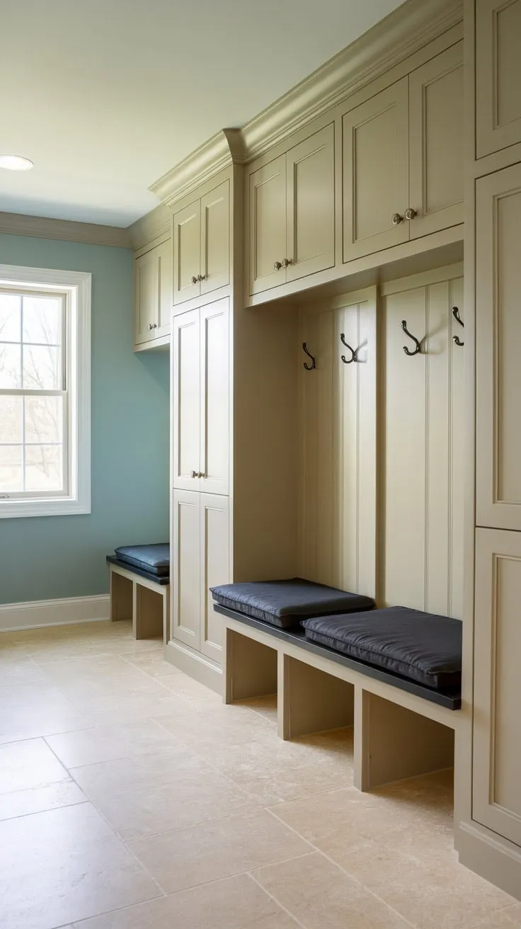 A bright mudroom boasts beige cabinets with doors, a black bench, and ample coat hooks against light blue walls.
