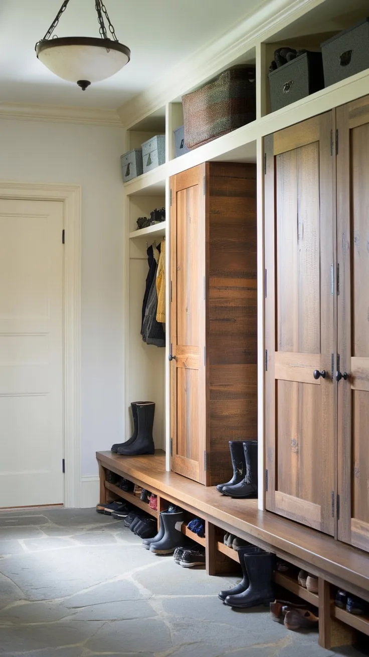 A charming mudroom boasts rustic wood cabinets and doors, complete with overhead shelving, providing practical storage against a backdrop of white walls and stone flooring.