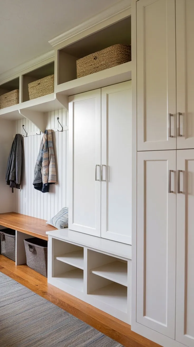 Organized mudroom bliss achieved with white cabinetry, ample shelving, and thoughtful storage solutions