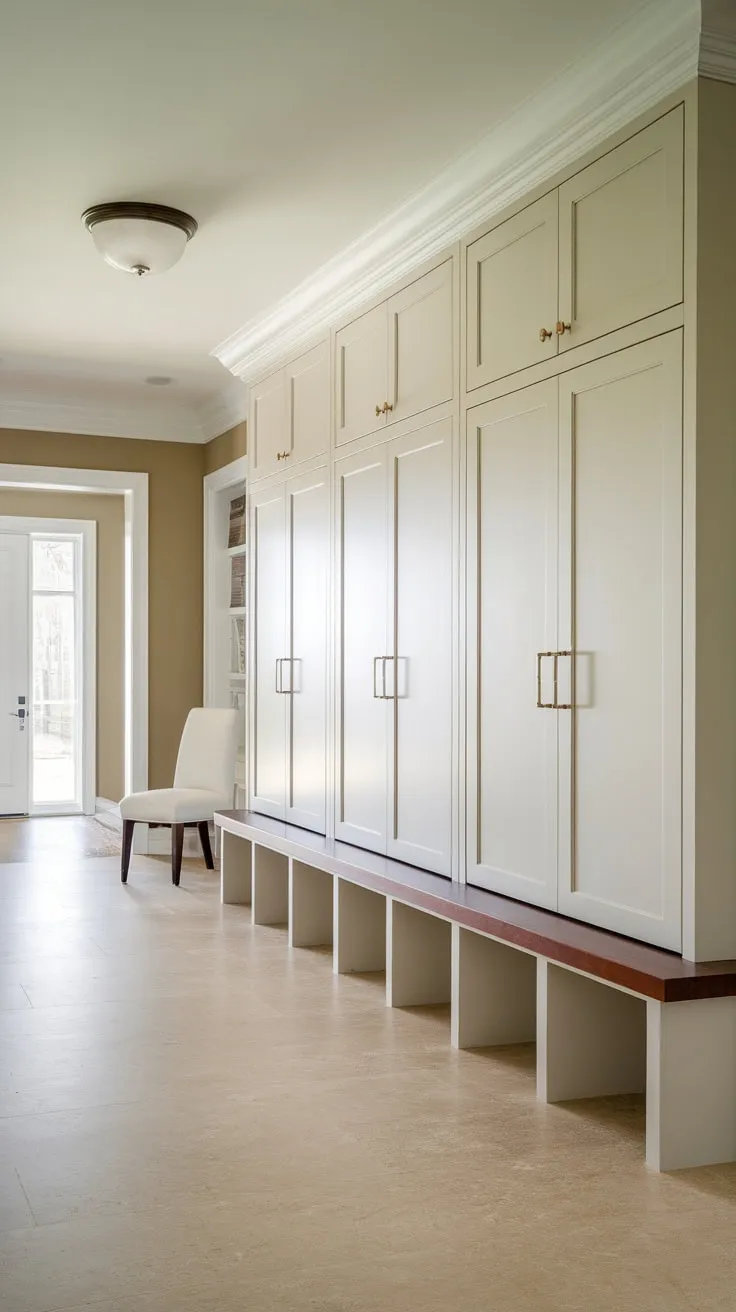A pristine white mudroom boasts stylish cabinets with doors, offering functional storage against a beige backdrop.