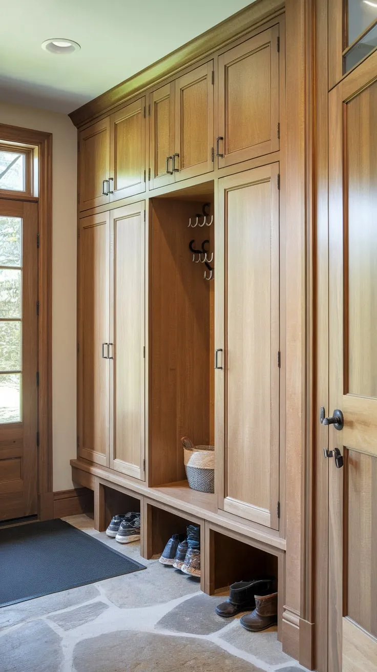 A charming mudroom features wood cabinets with doors, providing ample storage alongside coat hooks and a stone floor.