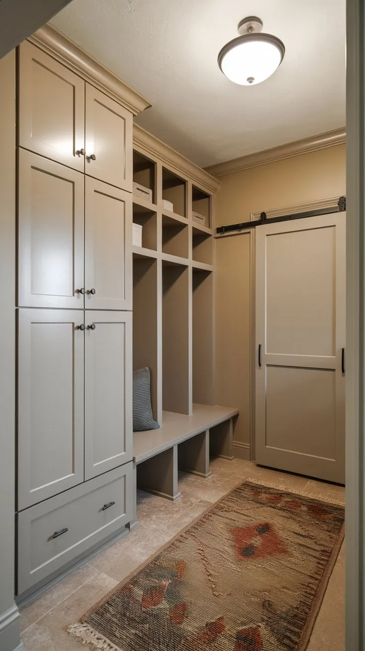 Beige-toned mudroom boasts stylish cabinets with doors and a bench, offering organized entryway storage.