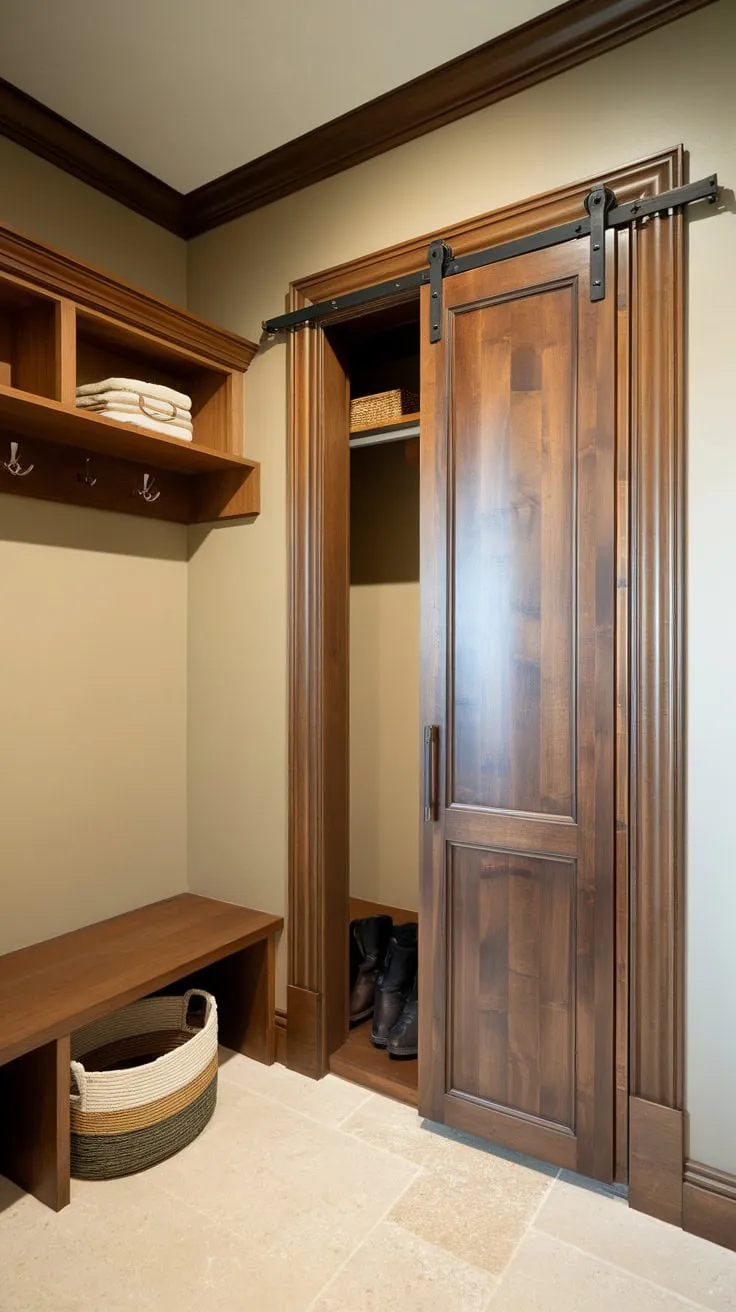 Organized beige-walled mudroom boasts a wood-shelved rotating-door closet for efficient storage