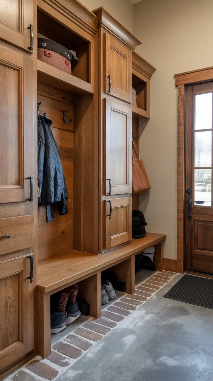 A charming brick-floored mudroom boasts rustic wood cabinets featuring doors and coat hooks for organized entryway storage.