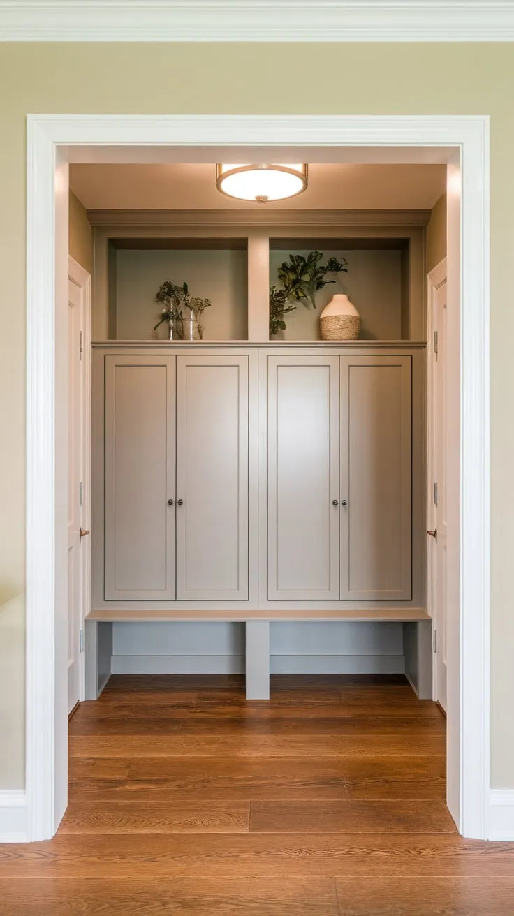 Brightly lit beige mudroom boasts stylish stacked cabinets with doors, offering clean storage solutions
