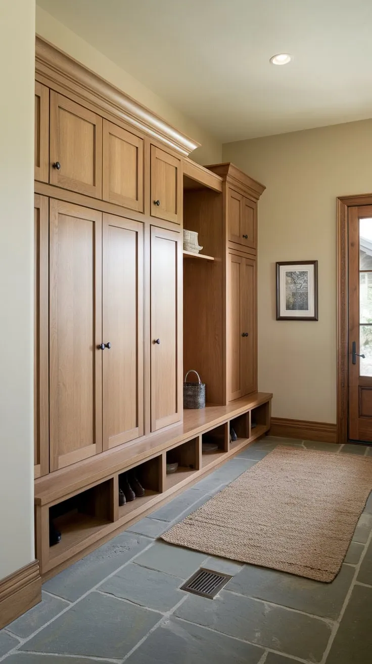 A functional mudroom features ample wood cabinetry with doors, enhancing storage and organization in a stylish stone-floored space.