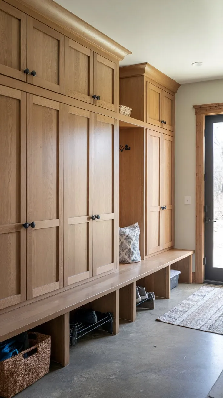 Practical built-in cabinets with doors transform a mudroom into a functional and aesthetically pleasing space.