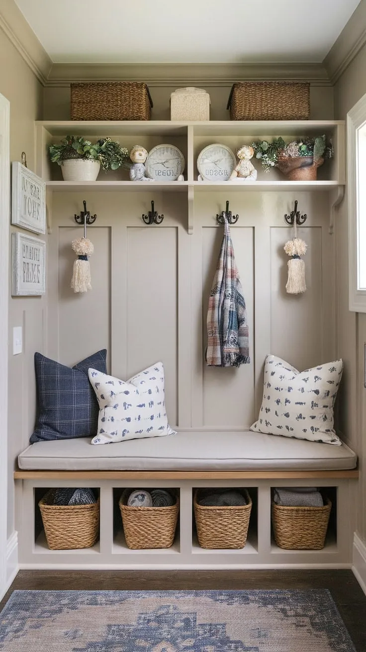 Transform your mudroom entryway with this inspiring mudroom design.  This mudroom remodel showcases smart small mudroom ideas, utilizing a corner bench with storage to create a functional and aesthetically pleasing farmhouse mudroom.  The decorative paneling and cozy rug complete the mudroom decor, offering a welcoming and organized mudroom storage solution.