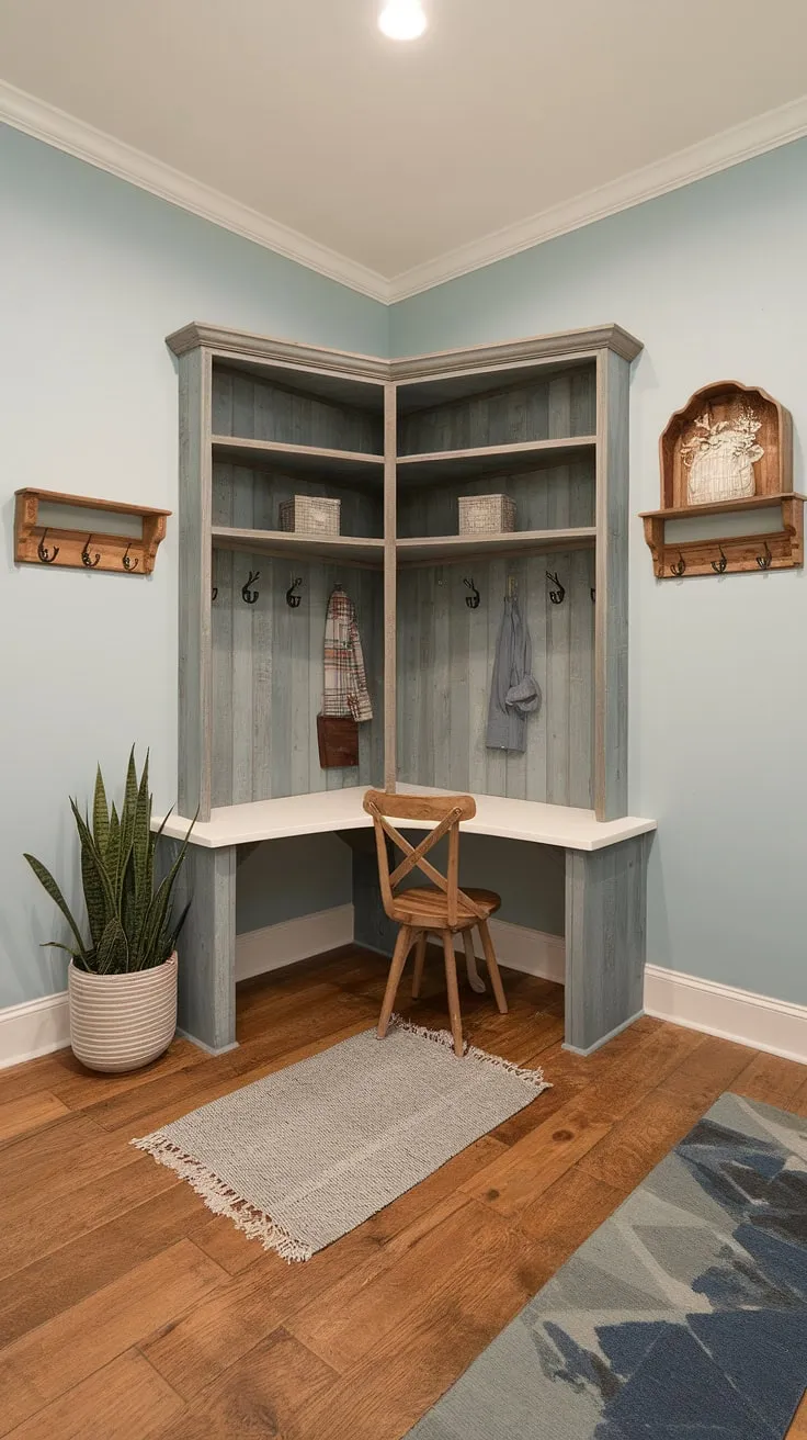 This charming farmhouse mudroom, a testament to clever mudroom design, maximizes space with a built-in corner desk perfect for small mudroom ideas.  The light blue walls and ample mudroom storage, including a large wooden unit, create a functional and stylish mudroom entryway.  This mudroom remodel showcases how even a small mudroom can be transformed into a beautiful and organized space, blending mudroom laundry room functionality with farmhouse mudroom decor.