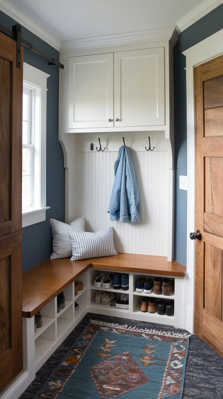 This mudroom design proves that even a small mudroom can be incredibly functional and beautiful.  Our mudroom remodel features a built-in corner bench, ample mudroom storage, and a stylish farmhouse aesthetic.  These mudroom ideas are perfect for anyone looking to create a welcoming mudroom entryway that seamlessly blends with their home's style.  From the thoughtful mudroom decor to the efficient mudroom laundry room combination, this space is a testament to smart mudroom design and organization.