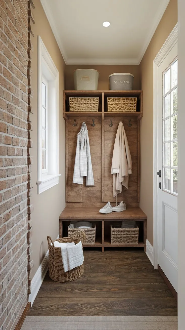 This charming mudroom corner showcases clever small mudroom ideas, perfect for a farmhouse mudroom remodel.  The rustic brick wall and wooden elements complement the white door and built-in bench with storage bins, maximizing mudroom storage in this efficient mudroom design.  A simple yet stylish mudroom decor choice, this mudroom entryway seamlessly blends functionality with farmhouse charm, even incorporating a laundry room element.  It's the perfect inspiration for your own mudroom ideas.