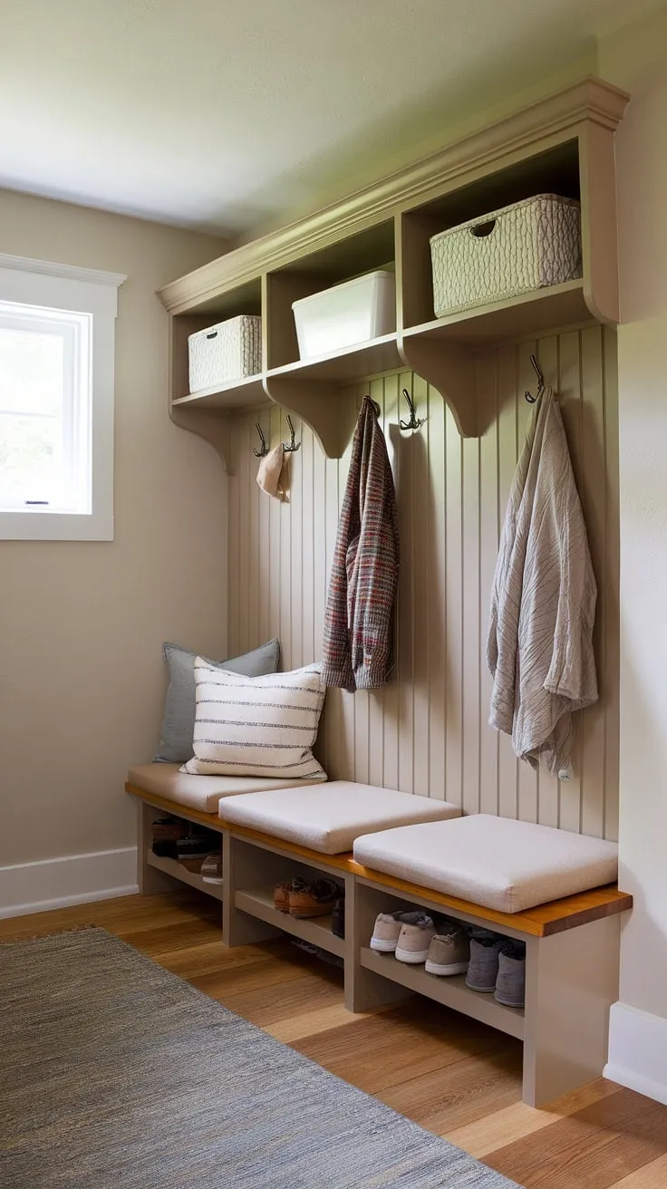 This charming mudroom corner showcases clever small mudroom ideas, transforming a farmhouse mudroom into a functional and stylish mudroom entryway.  The mudroom remodel maximizes space with thoughtful mudroom storage solutions, including a built-in bench and overhead shelf.  Perfect mudroom decor for a mudroom laundry room combination, this design proves that even a small space can be a haven of organization and rustic appeal.  This mudroom design is brimming with inspiration for your own mudroom ideas.