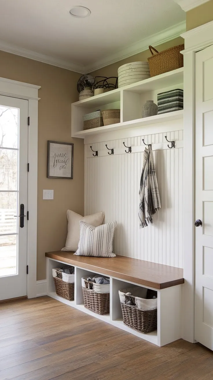 Step into this charming farmhouse mudroom, where clever mudroom design maximizes space.  The mudroom corner storage and bench with baskets offer ample mudroom storage solutions, perfect for small mudroom ideas.  This mudroom remodel showcases how thoughtful mudroom decor can transform a mudroom entryway into a functional and stylish space.  The combination of a mudroom laundry room (implied) and this efficient design makes it a dream for any home.