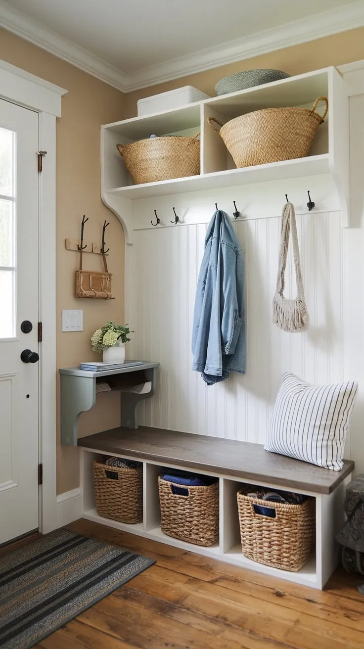 This charming farmhouse mudroom corner maximizes space with clever mudroom storage solutions.  The built-in bench with baskets, coat rack, and additional hooks offer ample organization, making this mudroom remodel a dream. Perfect small mudroom ideas for a functional and stylish mudroom entryway, even incorporating a small laundry area within the mudroom design.  This mudroom decor proves that even a compact mudroom laundry room can be both beautiful and practical.