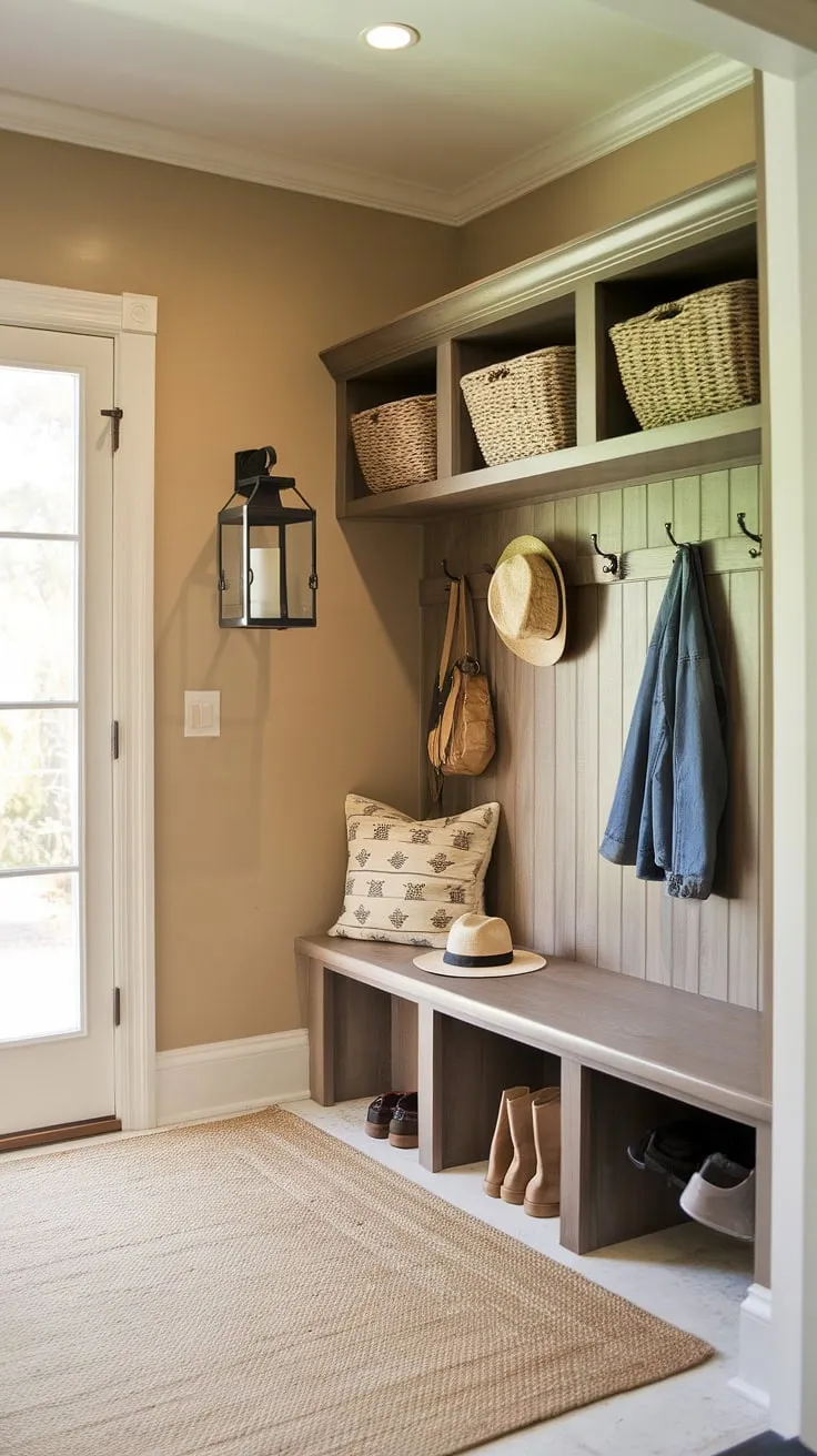Step into this charming farmhouse mudroom, a perfect blend of function and style.  The corner bench and shelves offer ample mudroom storage, showcasing clever small mudroom ideas for maximizing space.  This mudroom remodel transformed a simple entryway into a welcoming mudroom laundry room, complete with thoughtful mudroom decor.  The rustic wood and beige walls create a serene atmosphere, making it the ideal mudroom design for any home.