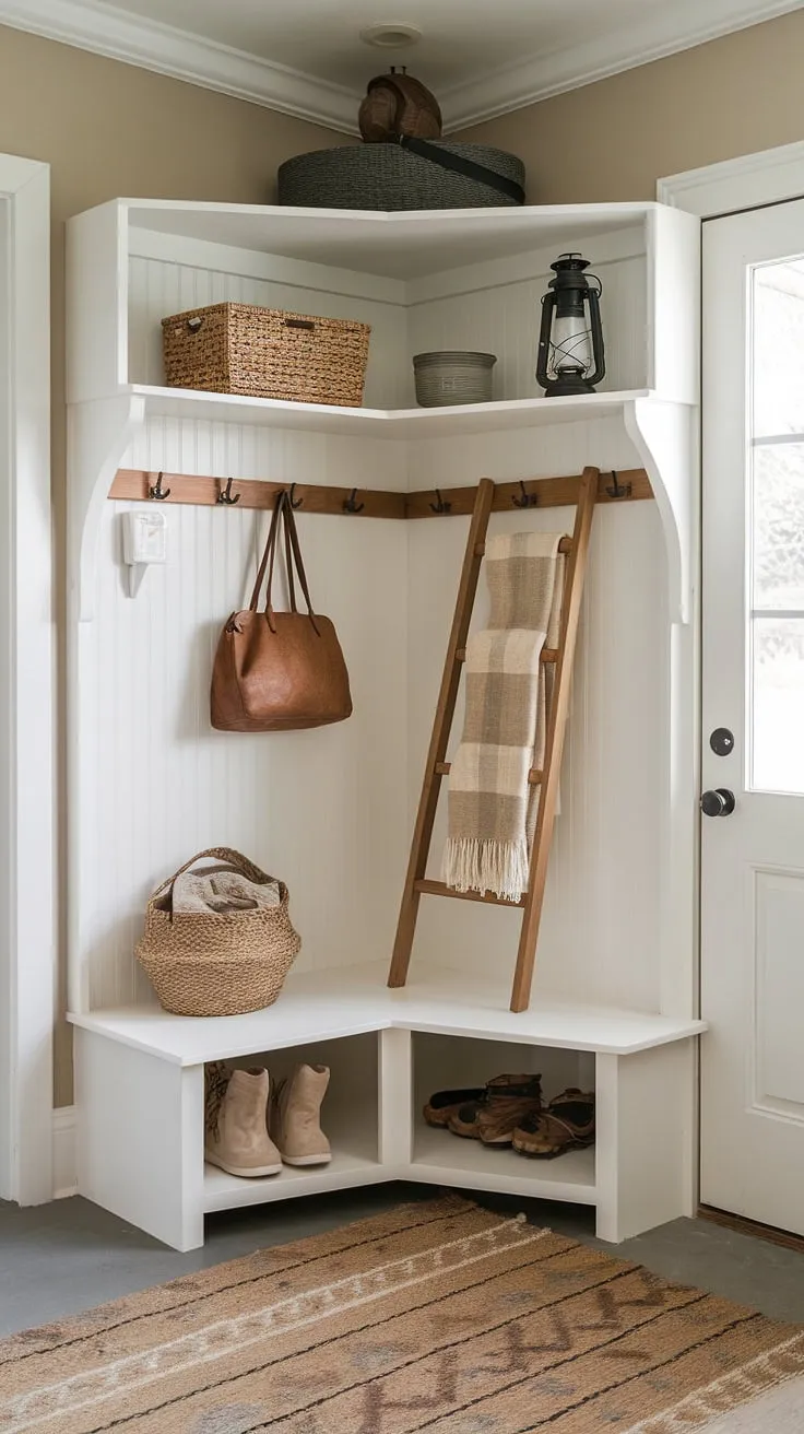 This charming farmhouse mudroom corner maximizes space with clever storage solutions.  From the rustic ladder shelving to the cozy rug, every detail speaks to thoughtful mudroom design and practical mudroom storage. Perfect small mudroom ideas for a mudroom remodel or a mudroom laundry room combo!  This mudroom entryway is the epitome of mudroom decor.