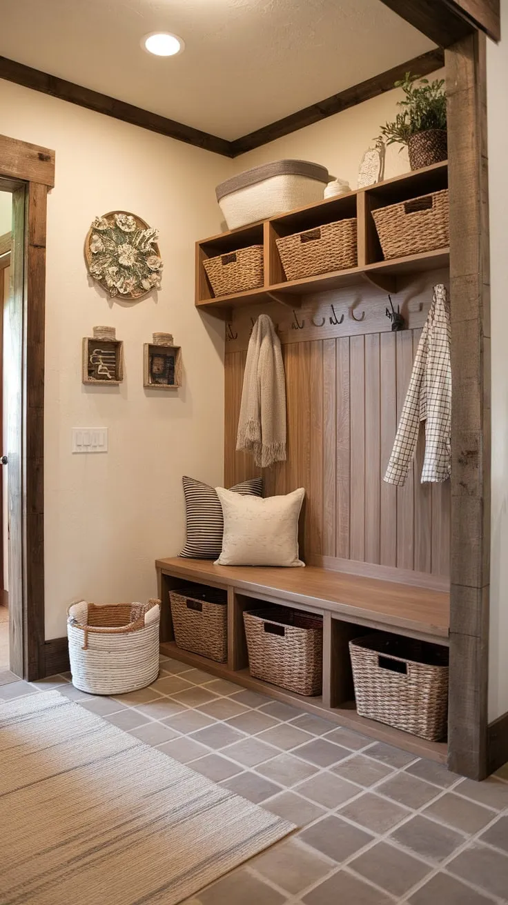 Step into this charming farmhouse mudroom, a perfect blend of rustic appeal and practical design.  The corner bench with built-in storage maximizes space, showcasing clever mudroom storage solutions ideal for small mudroom ideas.  This mudroom remodel transformed a simple entryway into a functional and stylish mudroom laundry room, complete with thoughtful mudroom decor and efficient mudroom design.  The warm lighting and inviting atmosphere make this mudroom entryway the heart of the home.