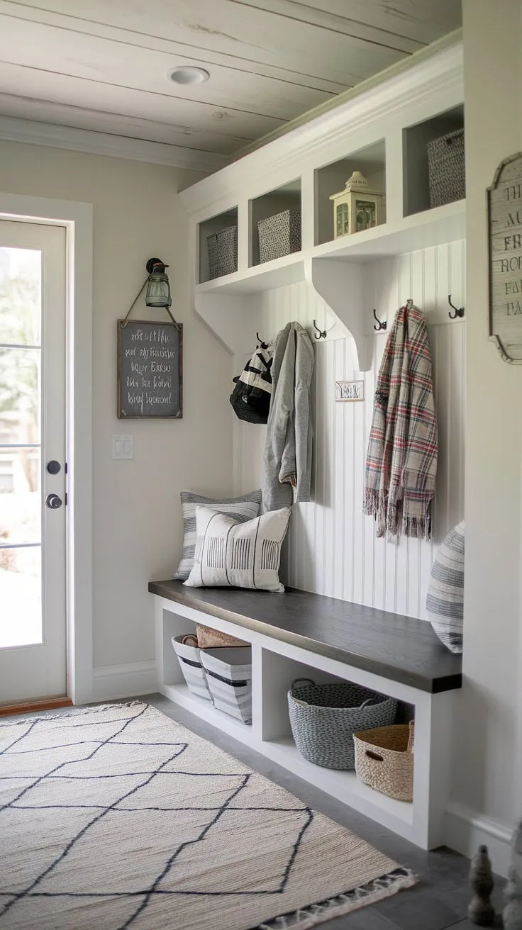 This mudroom corner showcases the beauty of a well-planned farmhouse mudroom.  With smart mudroom storage, including a bench with hidden storage and convenient coat hooks, this mudroom design is the perfect blend of form and function.  Get inspired by these small mudroom ideas for your own mudroom remodel and create a welcoming mudroom decor that seamlessly blends with your home's entryway.