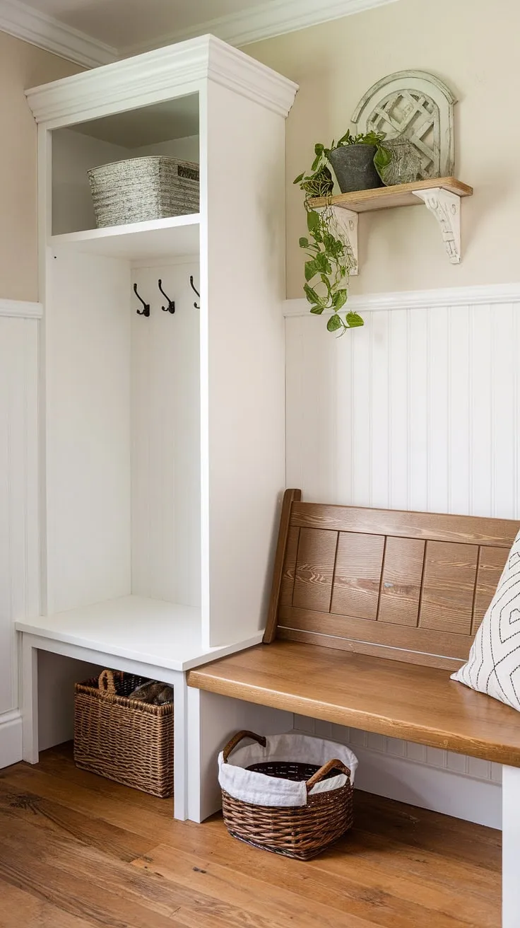 This charming mudroom corner showcases clever small mudroom ideas, transforming a small space into a functional and stylish farmhouse mudroom.  The white cabinet provides ample mudroom storage, while the wooden bench offers a welcoming seat in this mudroom entryway.  A perfect example of mudroom remodel inspiration, blending practicality with farmhouse mudroom decor. This mudroom design seamlessly integrates mudroom laundry room functionality, making it a truly efficient and inviting space.