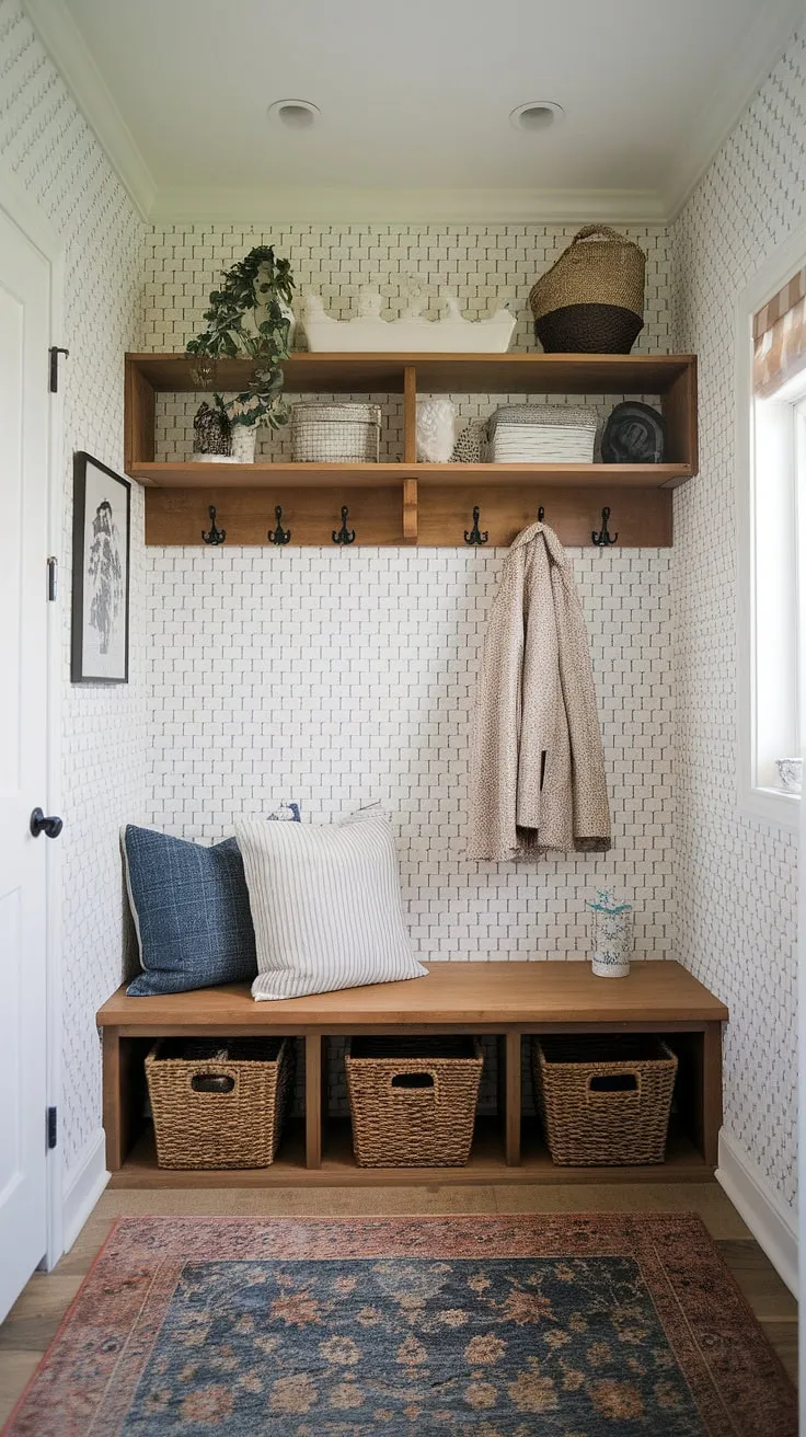 This charming farmhouse mudroom corner proves that even small spaces can be brimming with style and functionality.  Clever mudroom storage solutions, like the built-in bench and baskets, maximize space while the patterned wallpaper and thoughtful mudroom decor create a welcoming mudroom entryway.  Perfect inspiration for your own mudroom remodel or if you're searching for small mudroom ideas, this mudroom design effortlessly blends practicality with farmhouse charm.  Consider this a masterclass in mudroom laundry room combination, too!