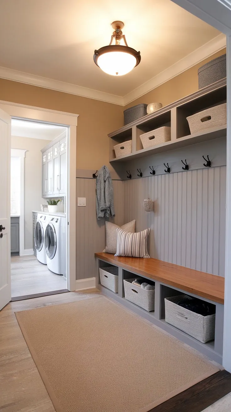 This charming farmhouse mudroom corner maximizes space and style.  Clever mudroom storage solutions, including a built-in bench with bins, keep things organized.  Perfect small mudroom ideas for a mudroom remodel, this design seamlessly blends function and farmhouse mudroom decor. The mudroom entryway flows effortlessly into the laundry room, creating a practical mudroom laundry room combo.  This mudroom design is a testament to efficient mudroom storage and thoughtful mudroom ideas.