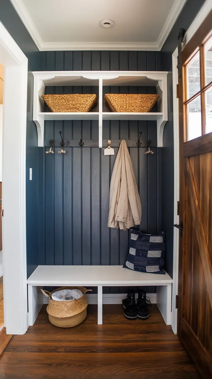 Transform your mudroom entryway with this small mudroom idea.  The dark blue walls and white accents create a sophisticated farmhouse mudroom aesthetic.  This mudroom corner showcases efficient mudroom storage and demonstrates that even a mudroom remodel in a limited space can be both beautiful and practical.  Get inspired by this mudroom decor and find your perfect mudroom design.