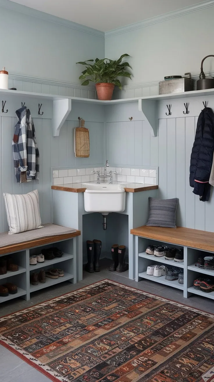 This mudroom corner is a dream come true!  Our mudroom remodel incorporated smart mudroom storage, a practical bench, and a charming corner sink.  These small mudroom ideas maximize space and create a welcoming farmhouse mudroom.  The thoughtful mudroom decor and efficient mudroom design make this mudroom entryway the heart of the home.  See how we combined functionality and style in this mudroom laundry room transformation.