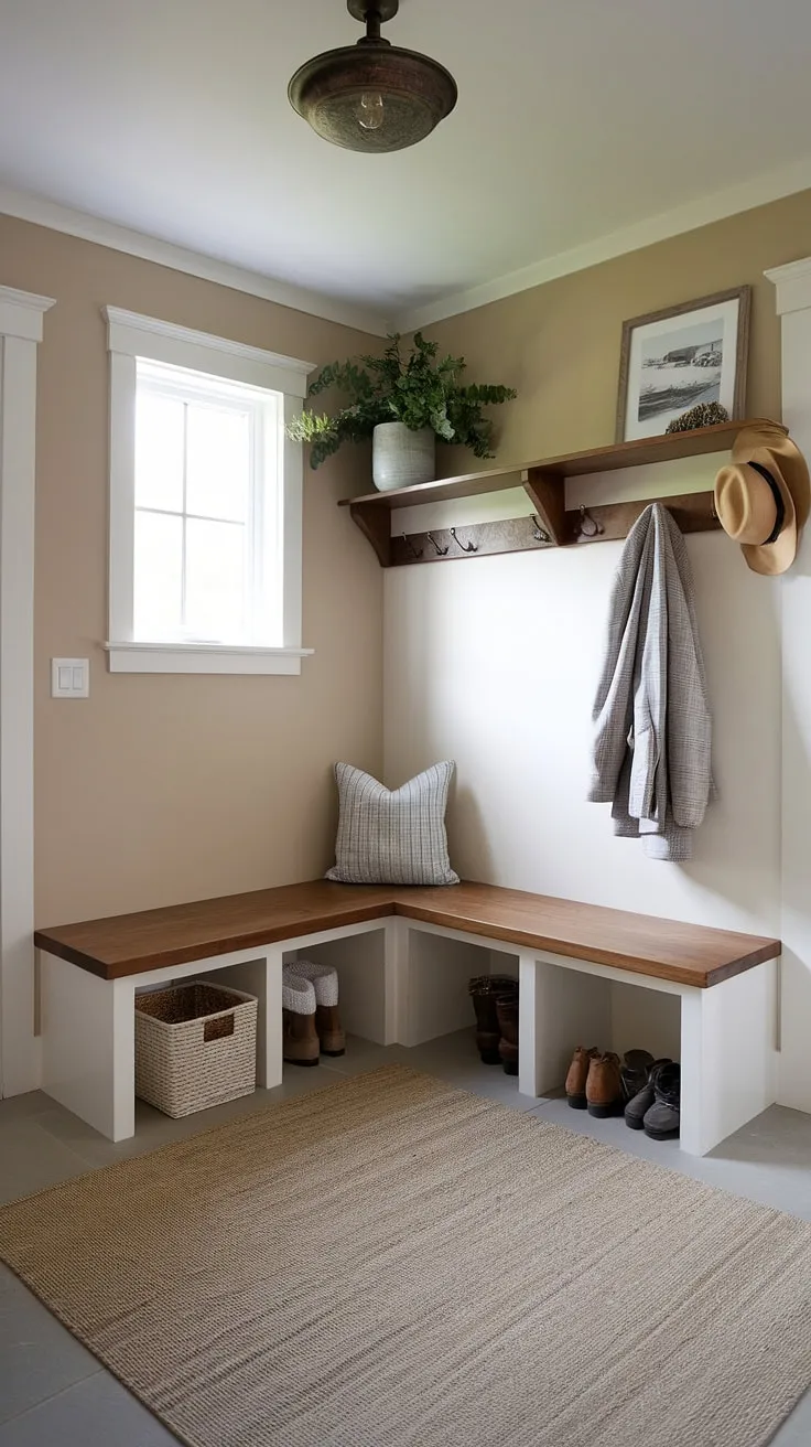 Transform your mudroom entryway with this inspiring small mudroom ideas design.  This farmhouse mudroom boasts efficient mudroom storage, a comfortable corner bench, and stylish mudroom decor.  A successful mudroom remodel doesn't require a large space; this example proves that thoughtful mudroom design and clever organization can create a functional and beautiful mudroom laundry room or simply a welcoming mudroom.