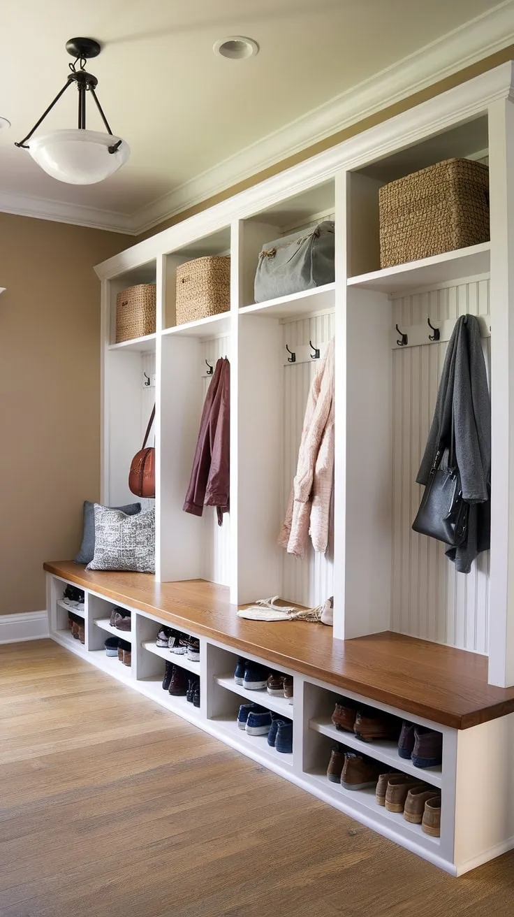 Goodbye clutter, hello calm!  Our mudroom remodel is complete, and this mudroom cubbies with bench setup is the perfect solution for our busy family.  This entry closet is now a dream.