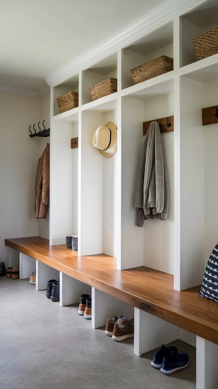 Our mudroom remodel is complete!  These entryway cubby units, paired with a comfy bench, are the heart of our new mudroom.  The added coat rack and ample storage make this mud room entry a dream come true.  Goodbye clutter, hello organization!
