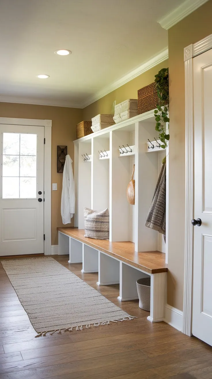 Our mudroom remodel is complete!  This entry closet, now featuring built-in entryway cubby storage and a comfy bench, is the perfect solution for keeping our family organized and our mudroom clutter-free.