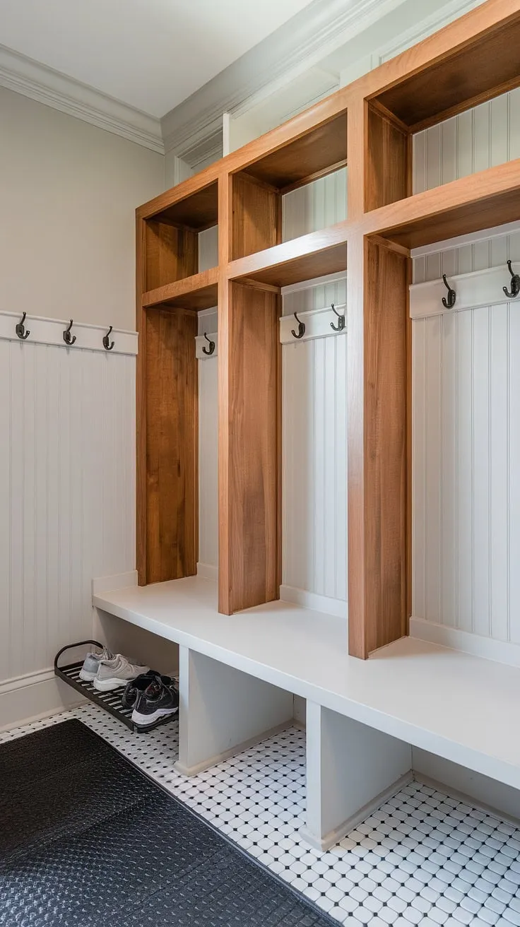 This mudroom remodel transformed a cluttered entryway into a functional and stylish mud room entry.  The custom mudroom cubbies with bench provide ample storage, while the black and white checkered mat adds a touch of playful charm.  A perfect blend of form and function for this entry closet makeover.
