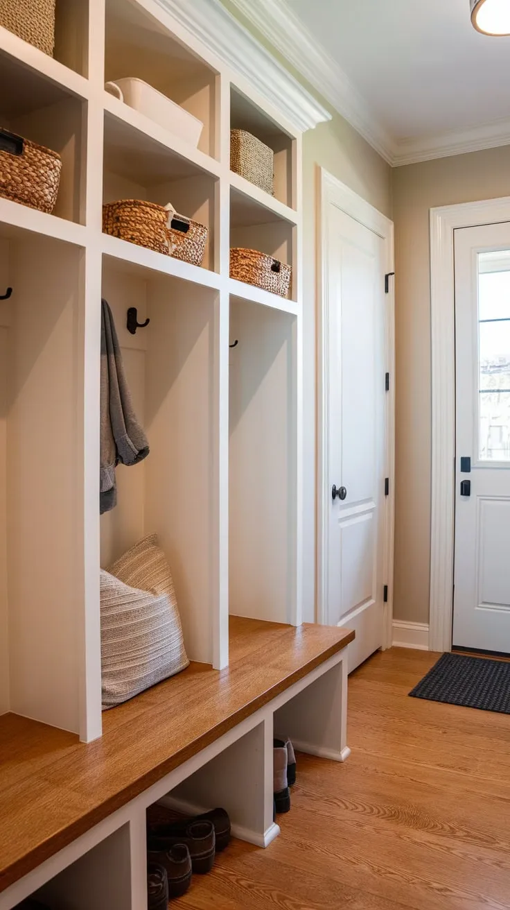 Organized entryway bliss awaits in this cozy mudroom with a bench, cubbies, and coat rack.