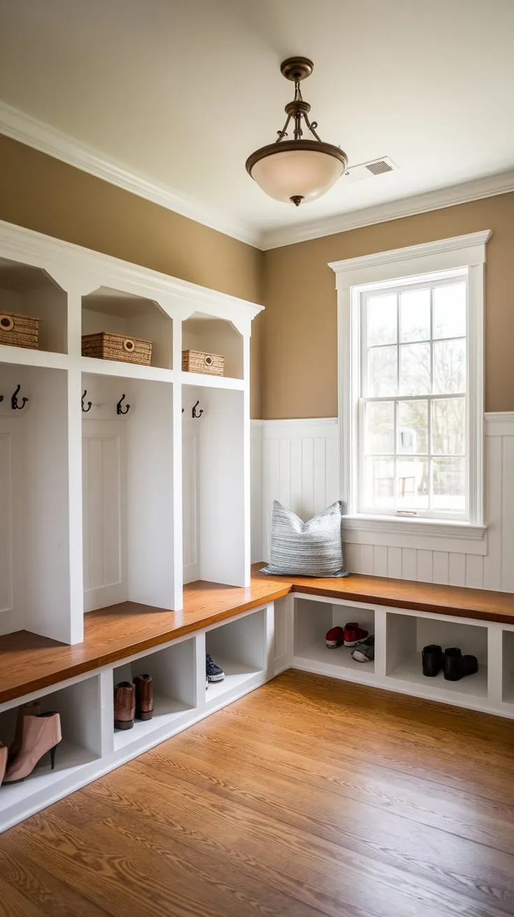 Organized entryway bliss achieved with a mudroom featuring three cubbies, a bench, and a long windowed cubby.