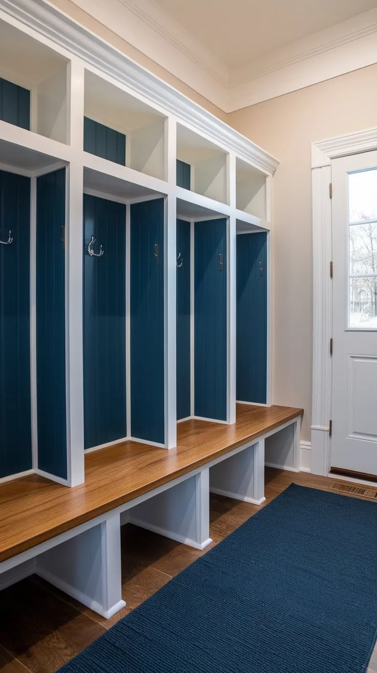 A bright mudroom remodel boasts stylish dark blue wooden cubbies flanking a matching bench atop a dark blue rug.