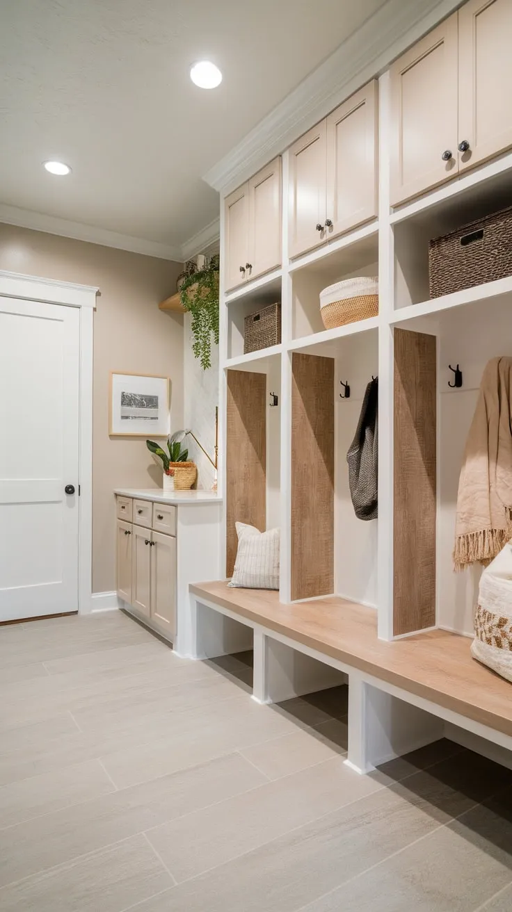 Organize and relax in a light-filled mudroom featuring practical wooden cubbies and a comfy bench.