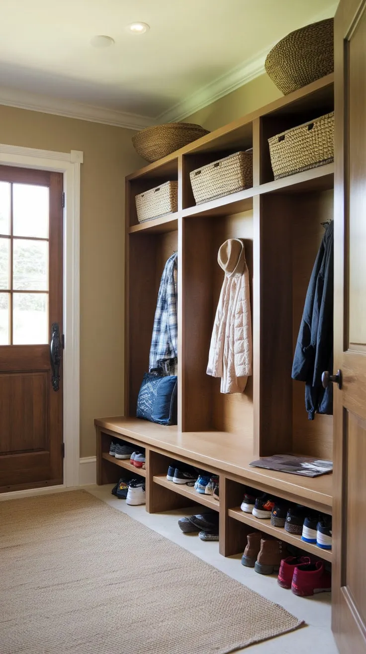 A rustic wooden bench and cubbies create a functional and inviting mudroom, perfectly storing everyday essentials.